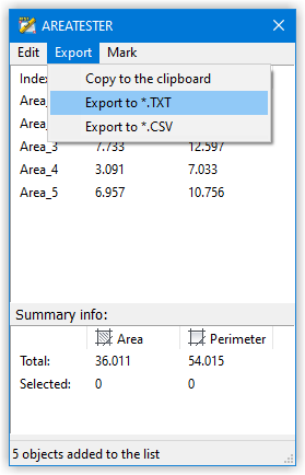 Export of data from the list to an external file is carried out from the menu item "Export"