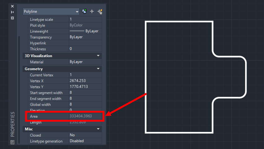 Getting the area in AutoCAD using the Properties palette