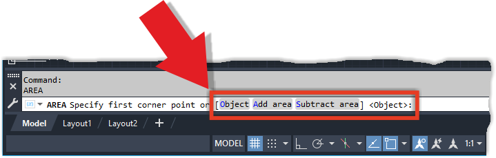 The AREA command options in the AutoCAD command line