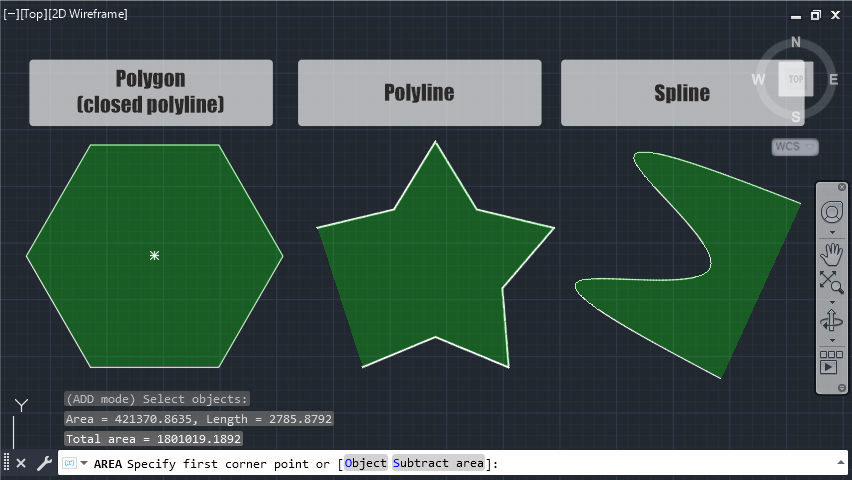 An example of the area measurement for "POLYGON", "POLYLINE" and "SPLINE" objects