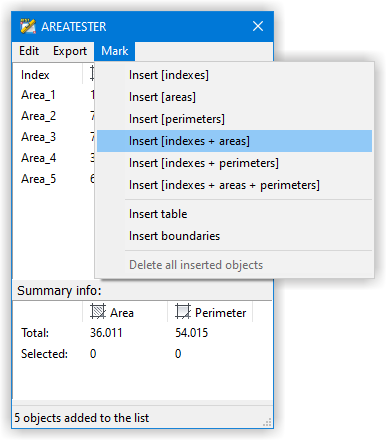 Tools from the "Mark" menu item of the main application window