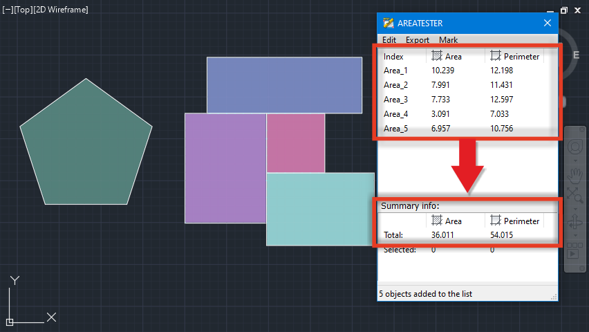 The AreaTester app automatically sums all areas and perimeters