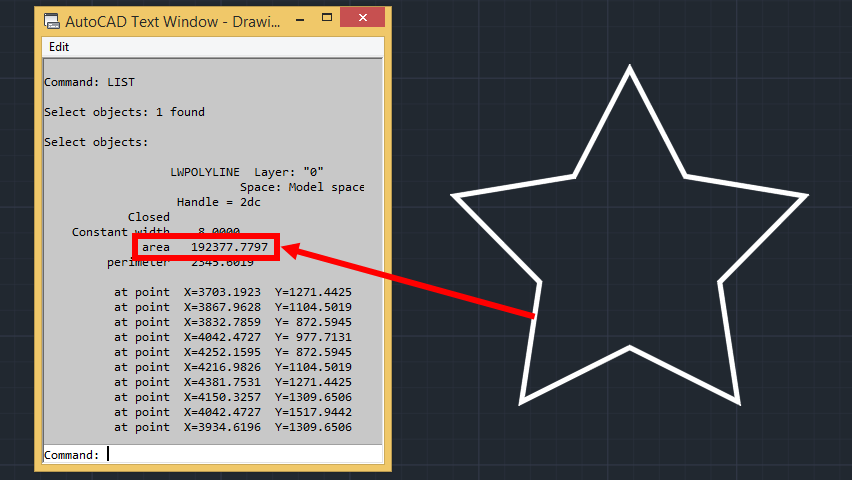 Getting the area in AutoCAD using the LIST  command