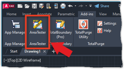 AreaTester application icon in the "Add-ins" tab